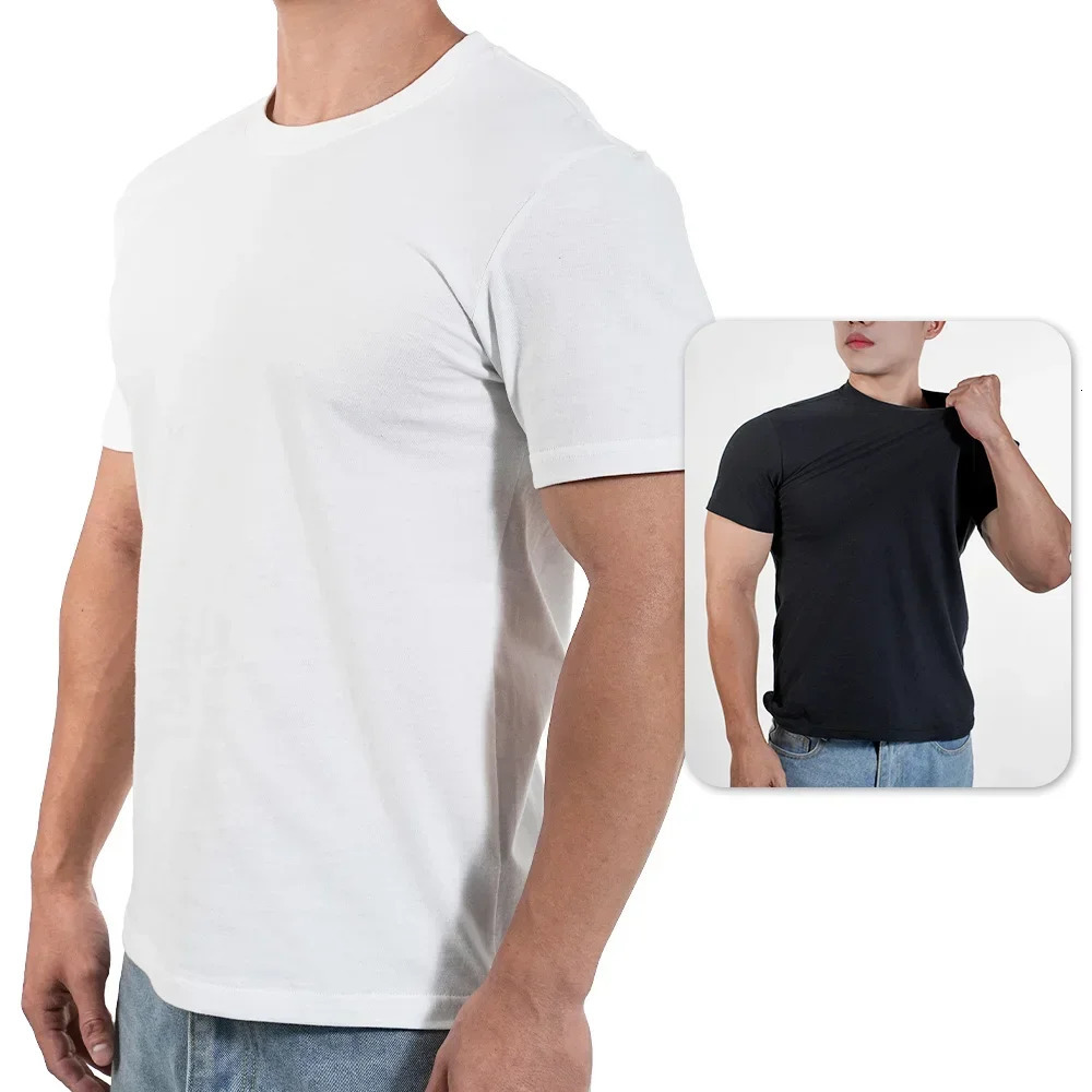 Black and white mens Tshirt cotton short sleeved sports gym running fitness Plus size top staff collar casual 250530