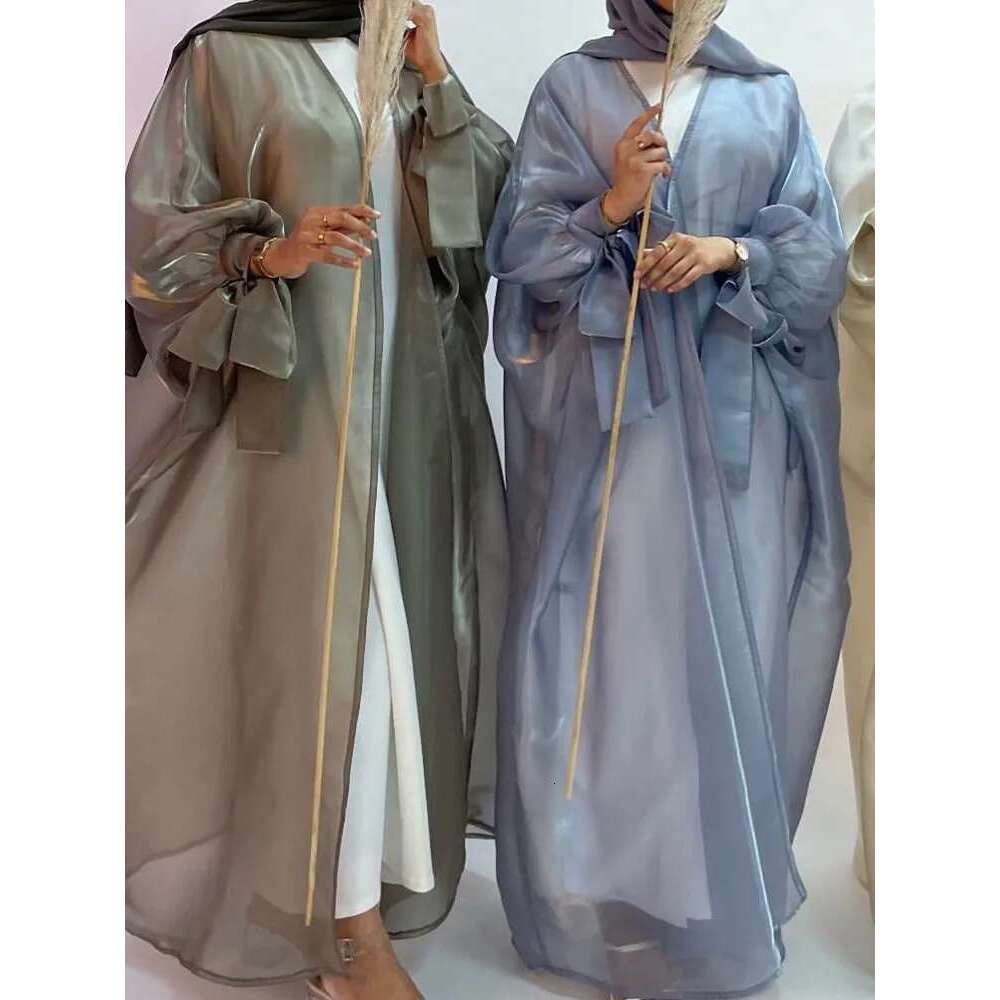 Summer Eid Djellaba Shiny Soft Puff Sleeves Silky Abaya Dubai Turkey Muslim Dress Islam Abayas Wy800