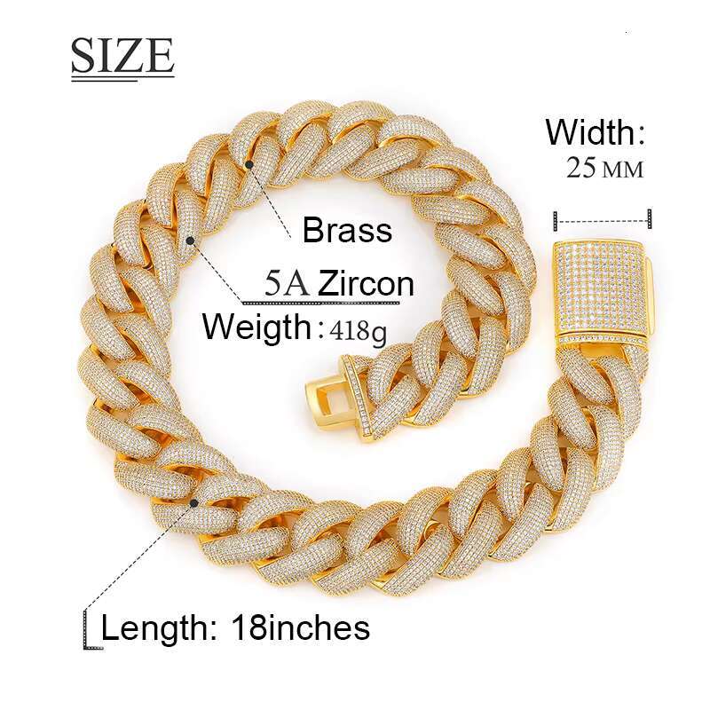 Hip Hop Jewelry 25mm Luxury 14k 18k Gold Plated Brass CZ Zircon Diamond Heavy Iced Out Miami Cuban Link Chain Necklace for Men