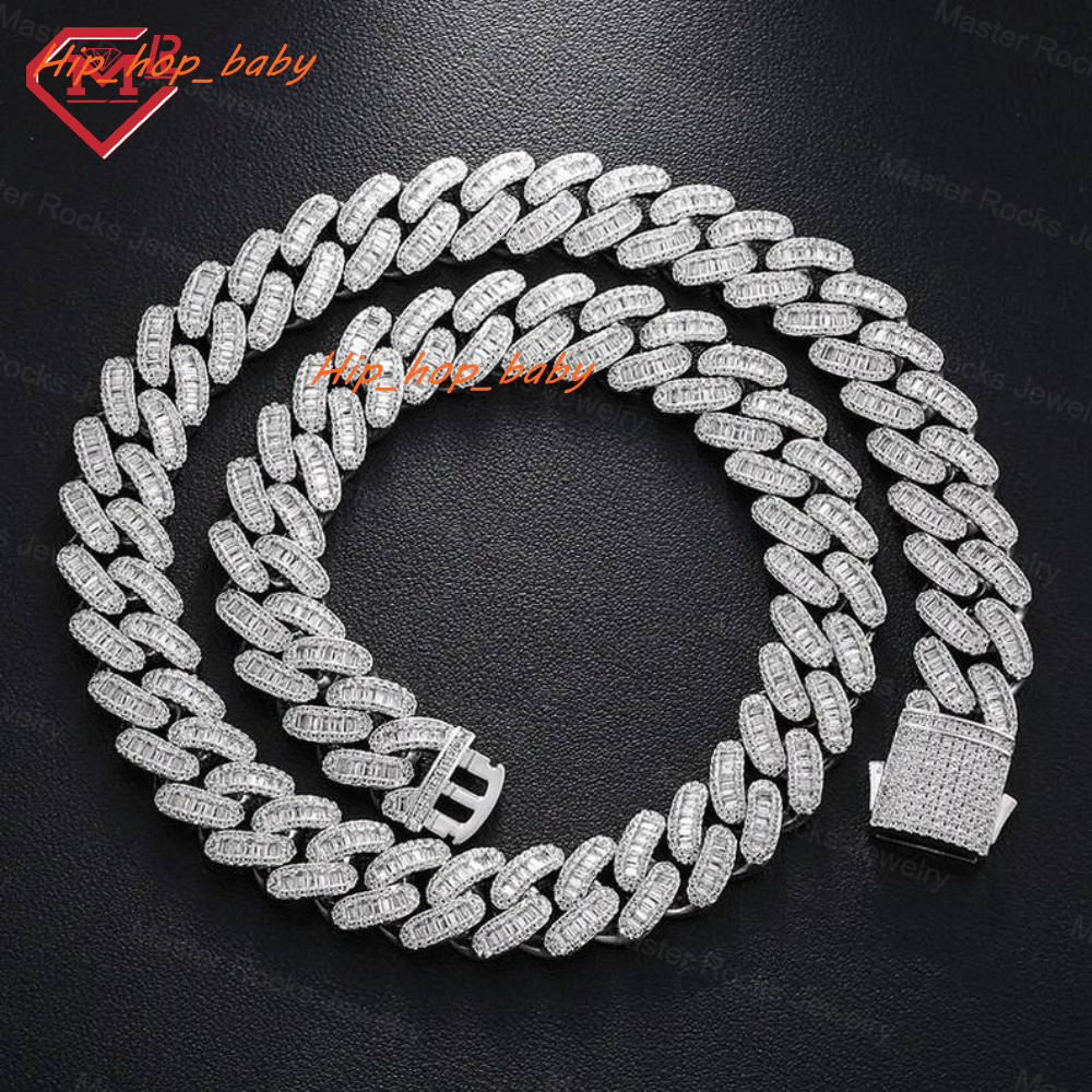 Hiphop Miami Cuban Link Chain 18mm Baguette Cut 925 Sterling Silver Iced Out Moissanite Chain Cuban
