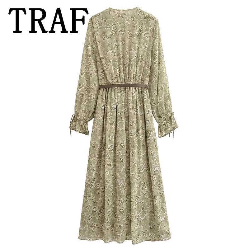 TRAF Womens 2025 New Fashionable Printed Elegant Womens Long Sleeve Dress with Midi Dress Womens Party Dress W250430