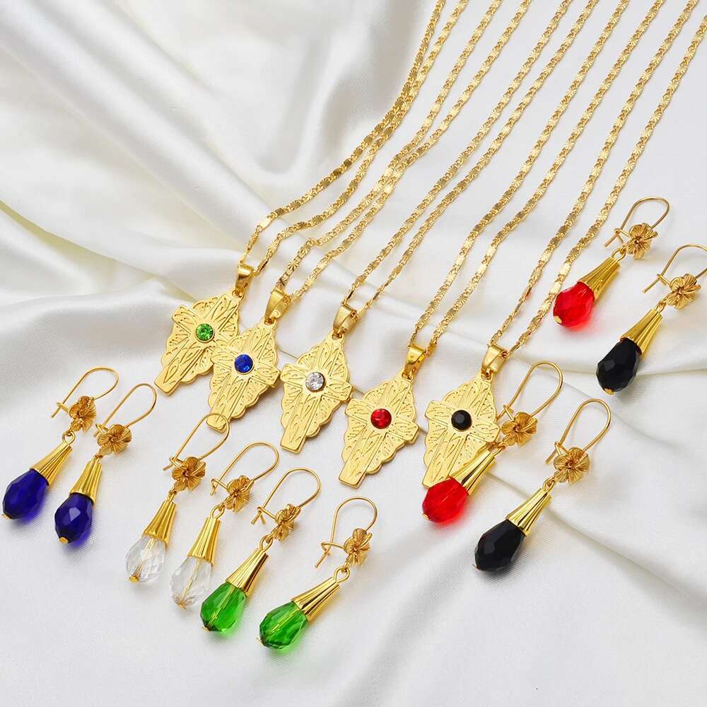 Anniyo Hawaiian Bead Ball Jewelry Sets Cross Pendant Necklaces Colored Crystal Earrings Guam Micronesia Chuuk Pohnpei #253006