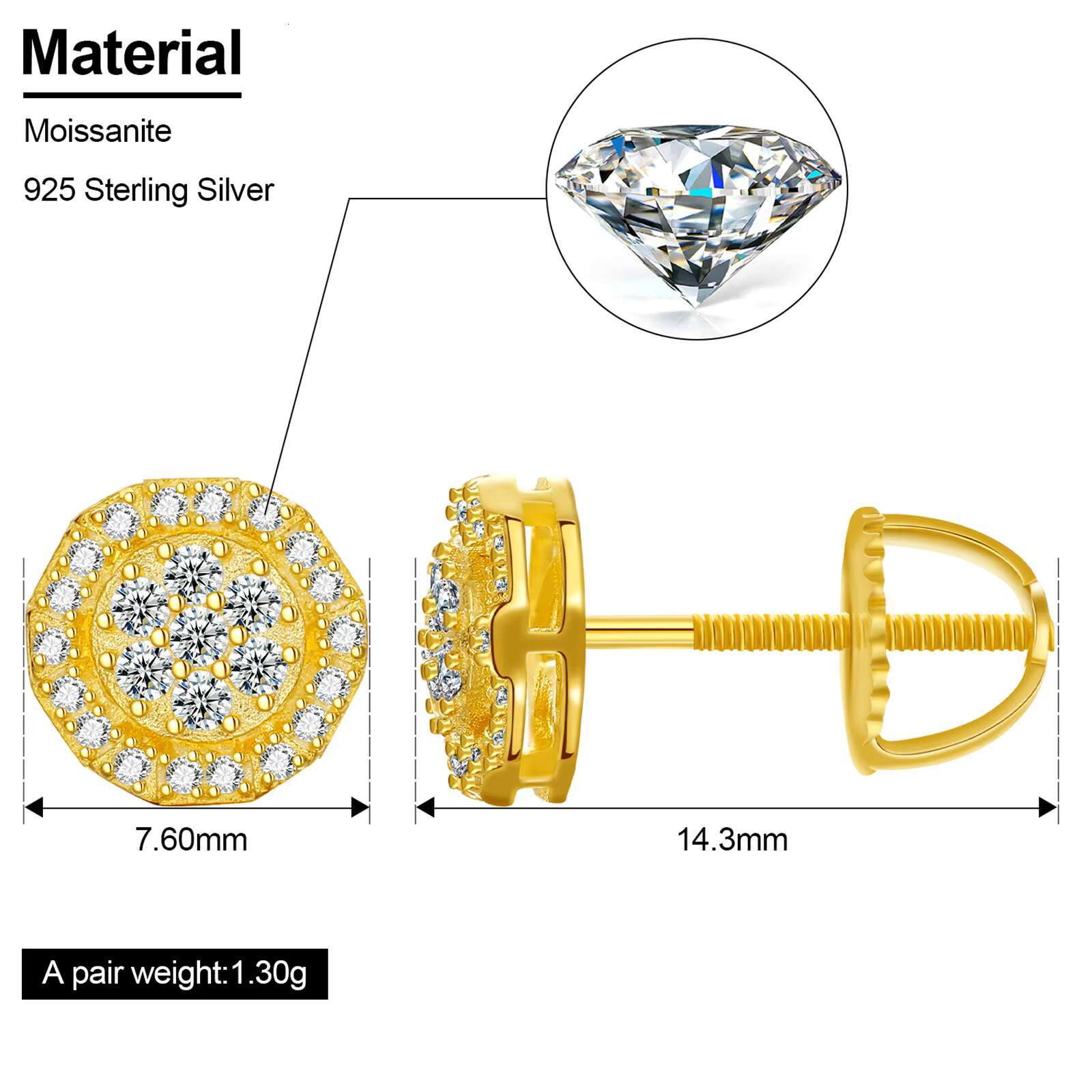 Fashion Female Design Jewelry White Gold 925 Sterling Silver Moissanite Diamond Fine Round Geometric Stud Earrings