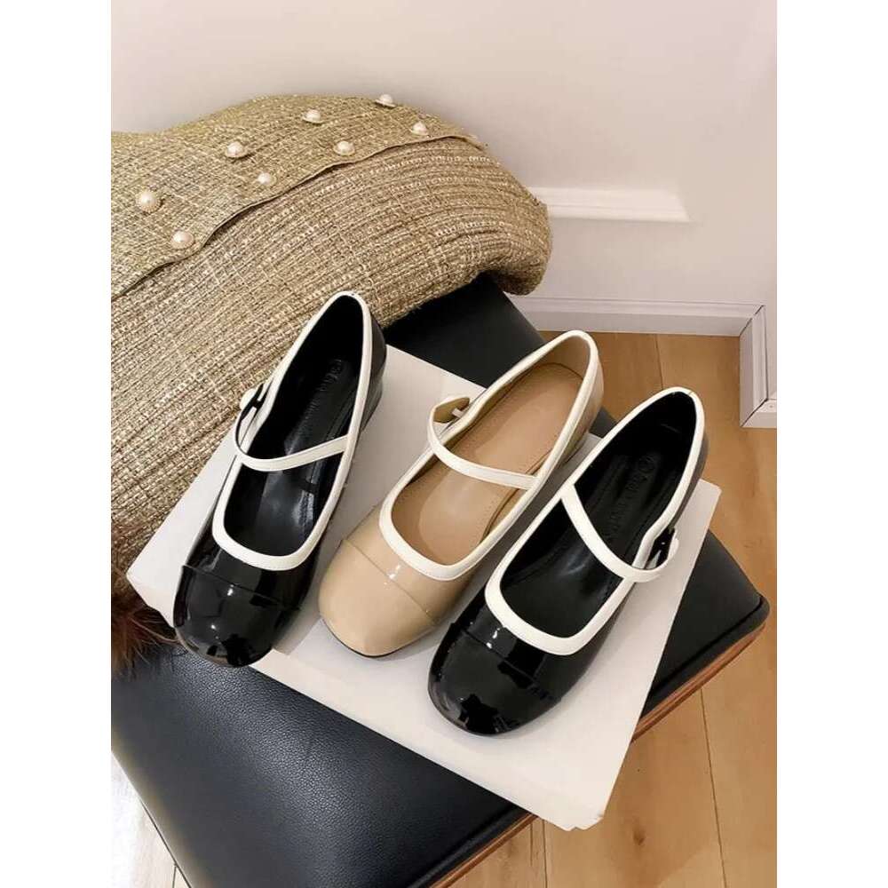 New One Strap Fashionable Button Mary Jane Women Shiny Patent Leather Round Toe Shallow Medium Heel Pumps Slip Shoes