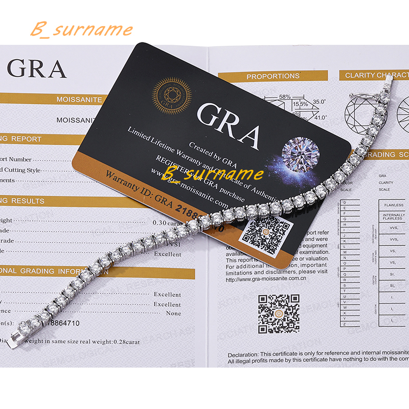 Hot Selling 4mm Vvs GRA Certified Moissanite Diamond 925 Sterling Silver Tennis Bracelet Unisex Jewelry