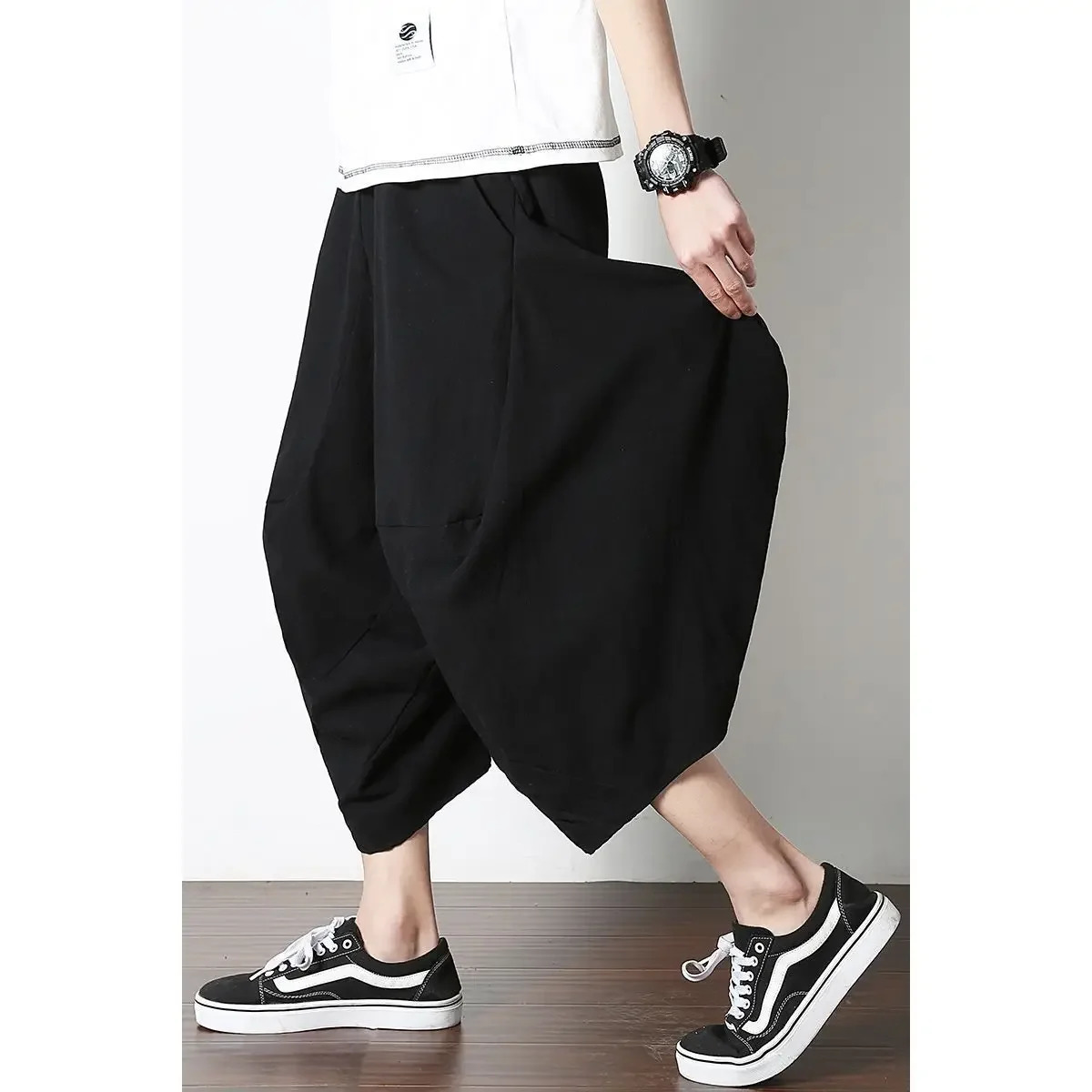 Mens casual linen pants loose in Chinese style suitable for flowers fashionable in summer retro low waist wide leg pants 250427