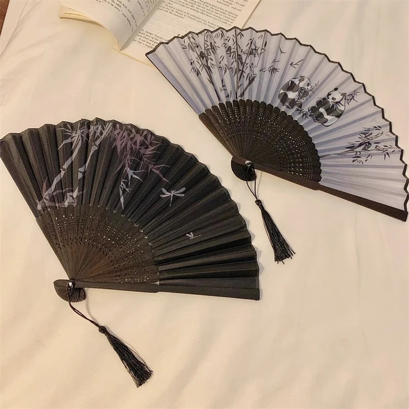 Wooden silk fabric folding fan retro style womens Japanese pattern retro fabric art craft gift home decoration handmade fan 250430