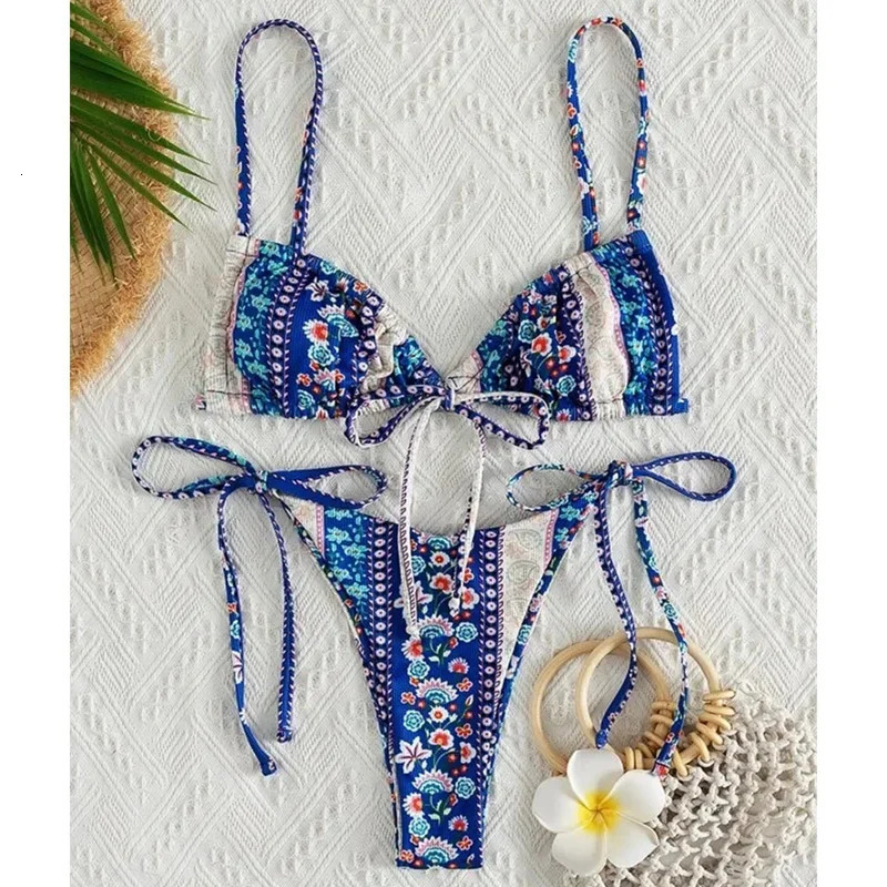 Floral Print String Bandage Bikini Set Swimwear Women Summer Sexy Push Up Bathing Suit Beachwear Halter Biqiuni Swimsuit 250428