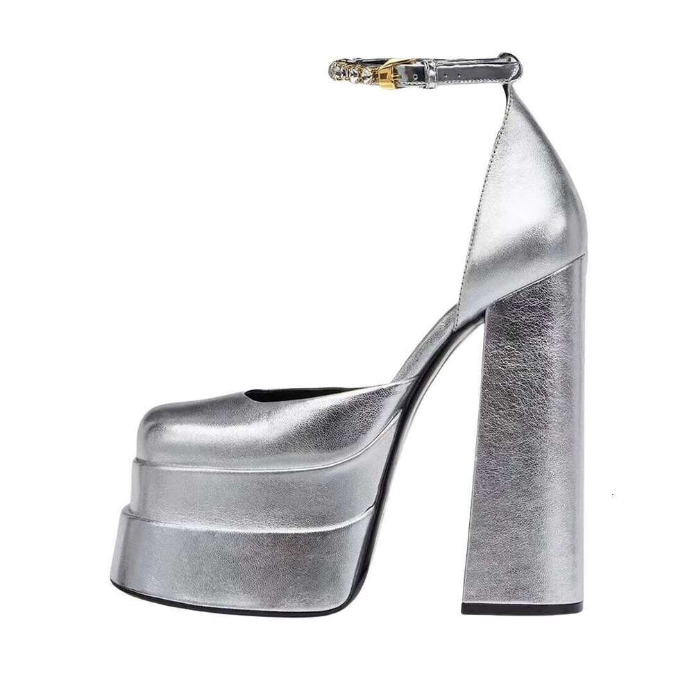 Square Toe Heel Platform Ankle Strap Solid Color Single Shoes Elegant Fashionable Women Sandals Gold High Heels