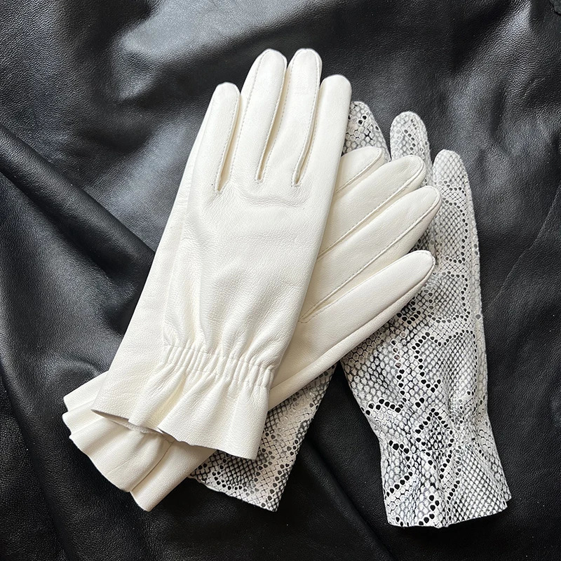 White leather womens sheepskin lace gloves without lining single-layer skin sunscreen fashionable driving gloves 250430