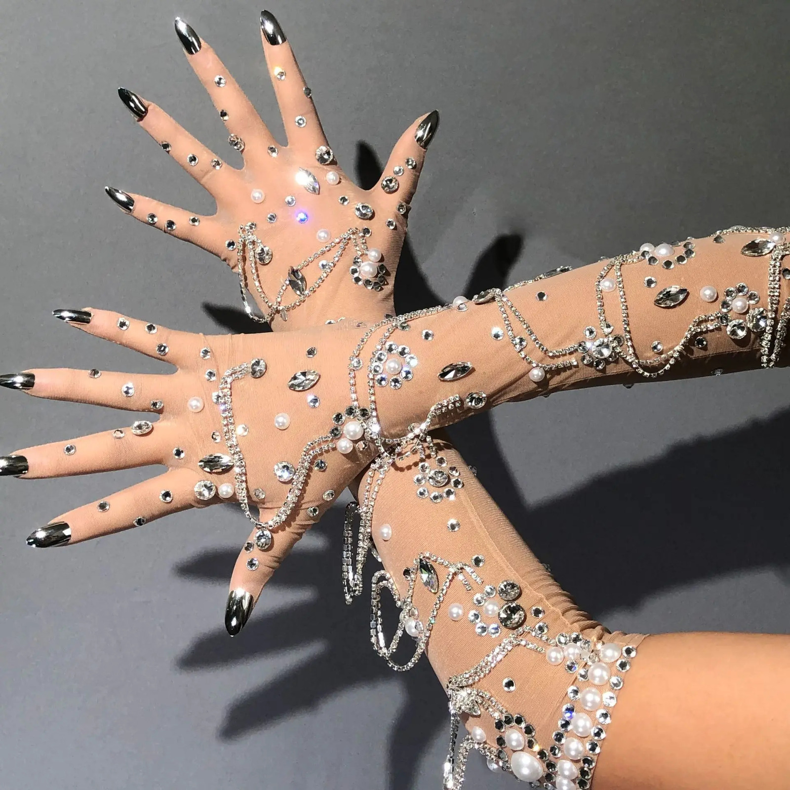 Lace Sexy Gloves Stage Dance Stage Performance Arm Sleeves Female Flash Drilling Rhinestone full Finger Gloves crystal 250420