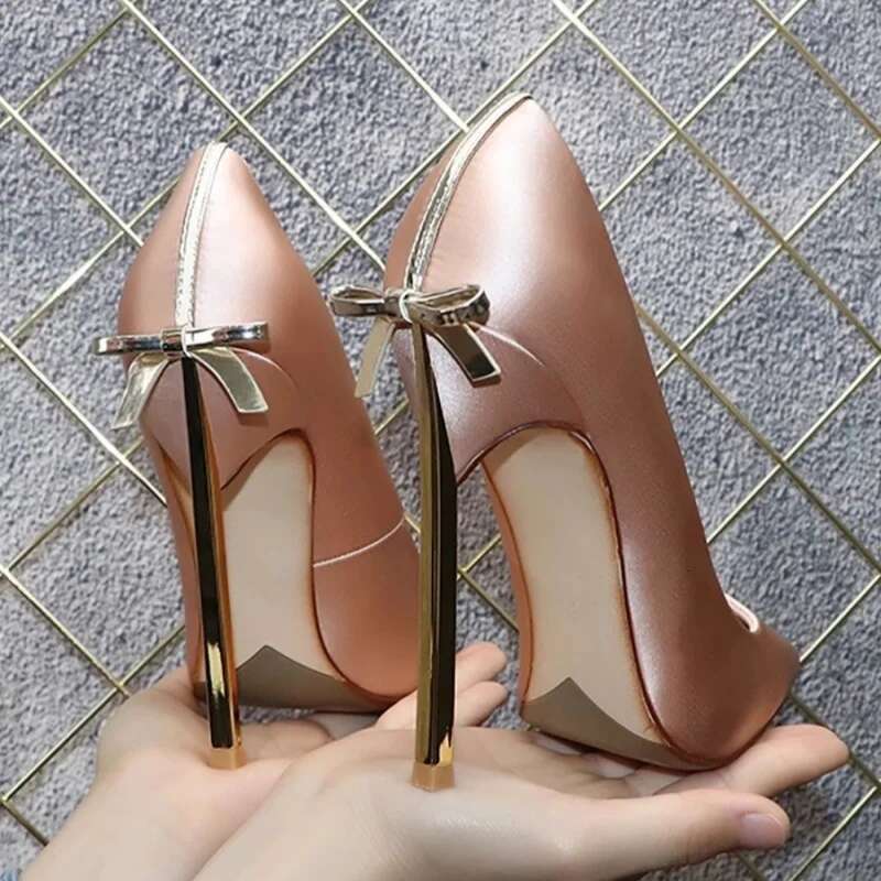 Spring and summer new pointed shallow patent leather satin bow metal thin high-heeled banquet dress small size women shoes