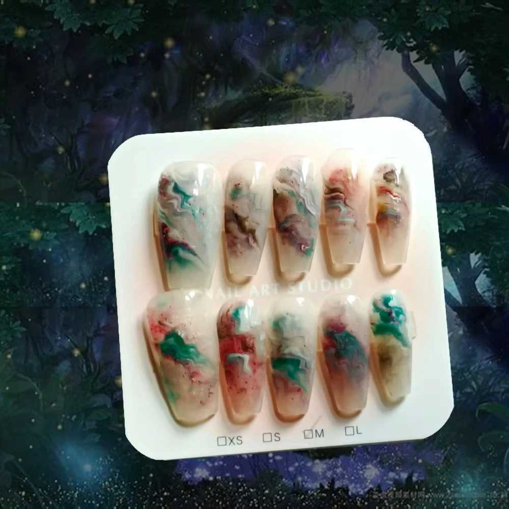 10 pieces of high-quality handmade nail factory nails on press machines straight nail art sparkling diamonds explosive gradient Ins mixed style H25429
