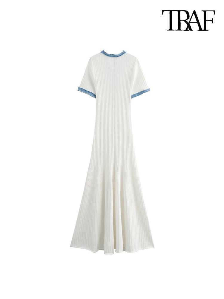 TRAF womens metal button knit dress denim patch work solid color street commuting casual short sleeved long skirt W250430