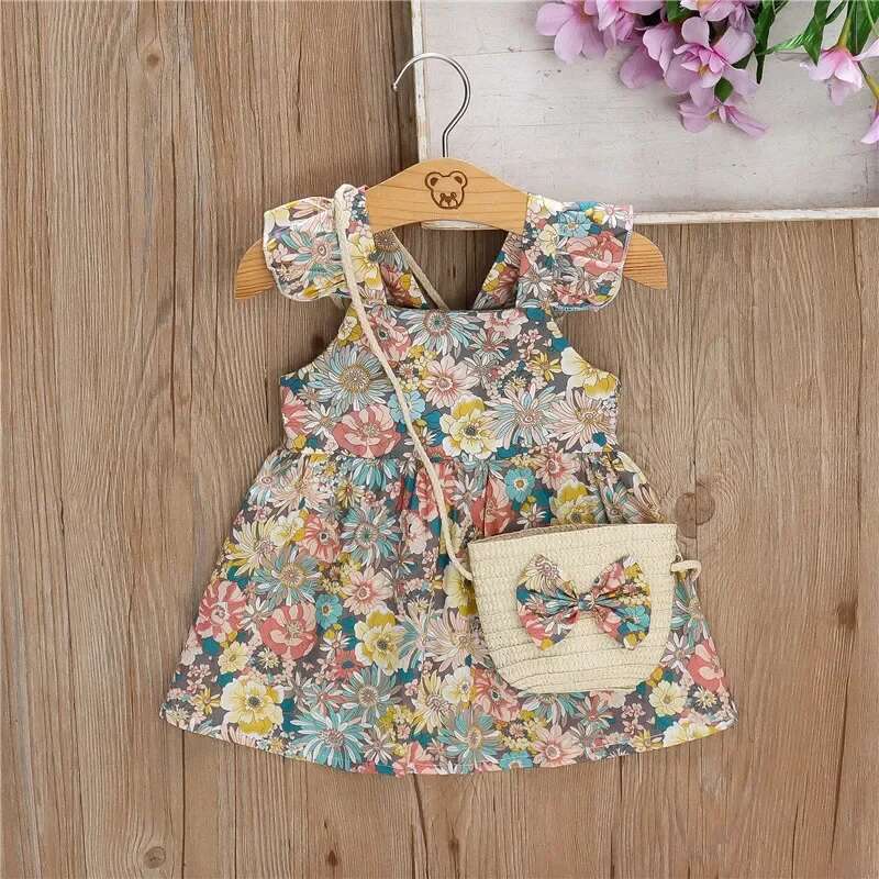 (Girls 0-3 Years Old)New Summer Girls Halter Small Flying Sleeve Ruffled Flowers Full Print + Crossbody Bag A-Line Dress