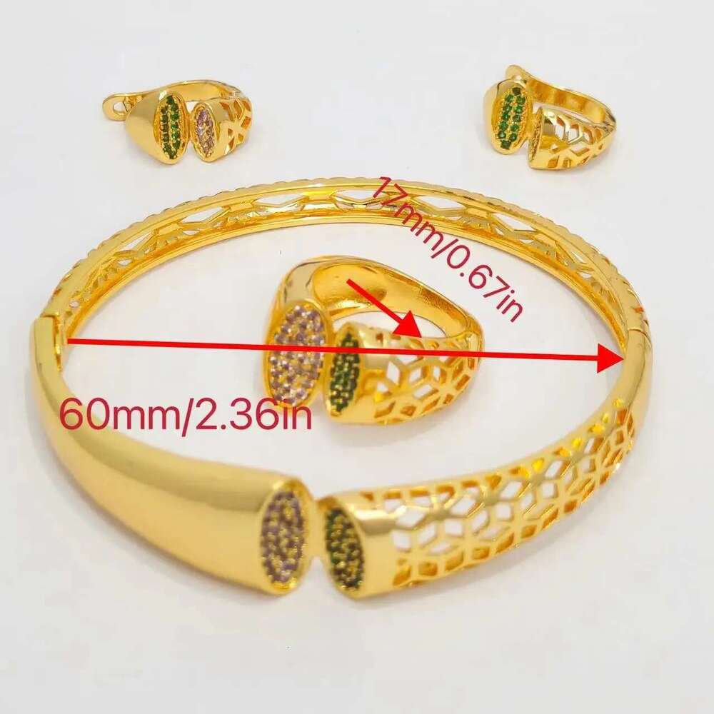 Dubai Gold Plated Open Bangles Earring Ring 3Pcs Set For Women African Arabic Wedding Jewelry Indian Gift