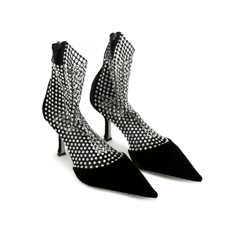 Designer Shoe Black Hollow Crystal Pumps Back Zipper Pointed Pretty Women Thin High Heels Shoes Sandal Boots