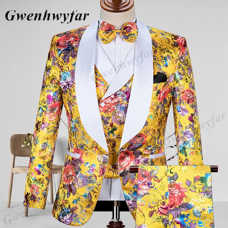 Gwenhwyfar mens double chest vest tailcoat customized floral jacquard gold suit wedding party costume 3piece set 250428