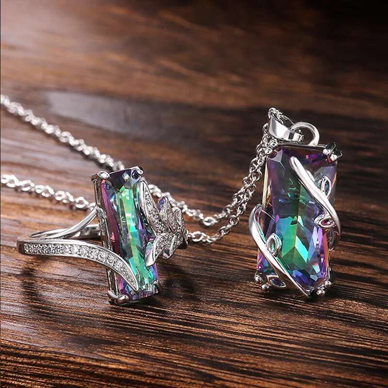 Huitan Multicolored Rectangular Stone Ring/Necklace Novel Design Anniversary Party Women Jewelry Factory Direct Selling Set