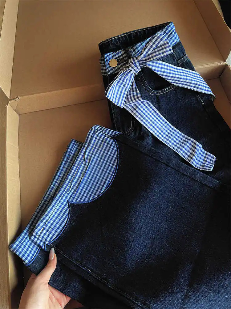 Oversized plain weave spliced jeans for womens spring high waisted loose and chic bow denim pants fashionable niche womens wide leg pants 250423
