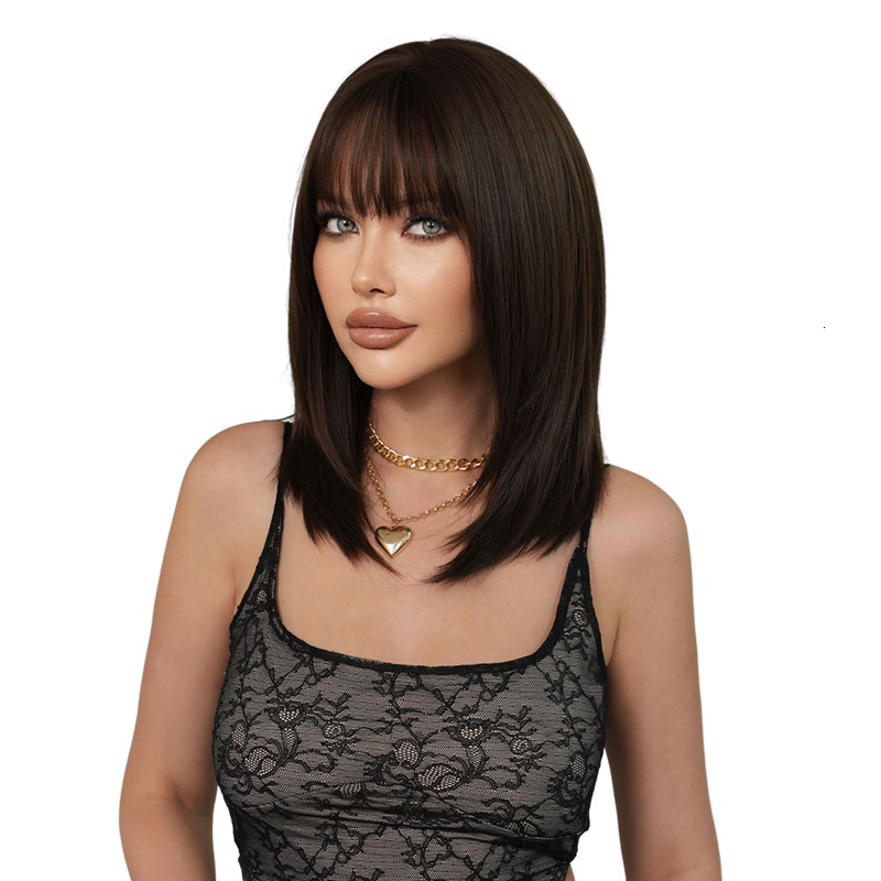 for Wig women chest length black brown high level straight hair air bangs medium to long high-quality wig full top