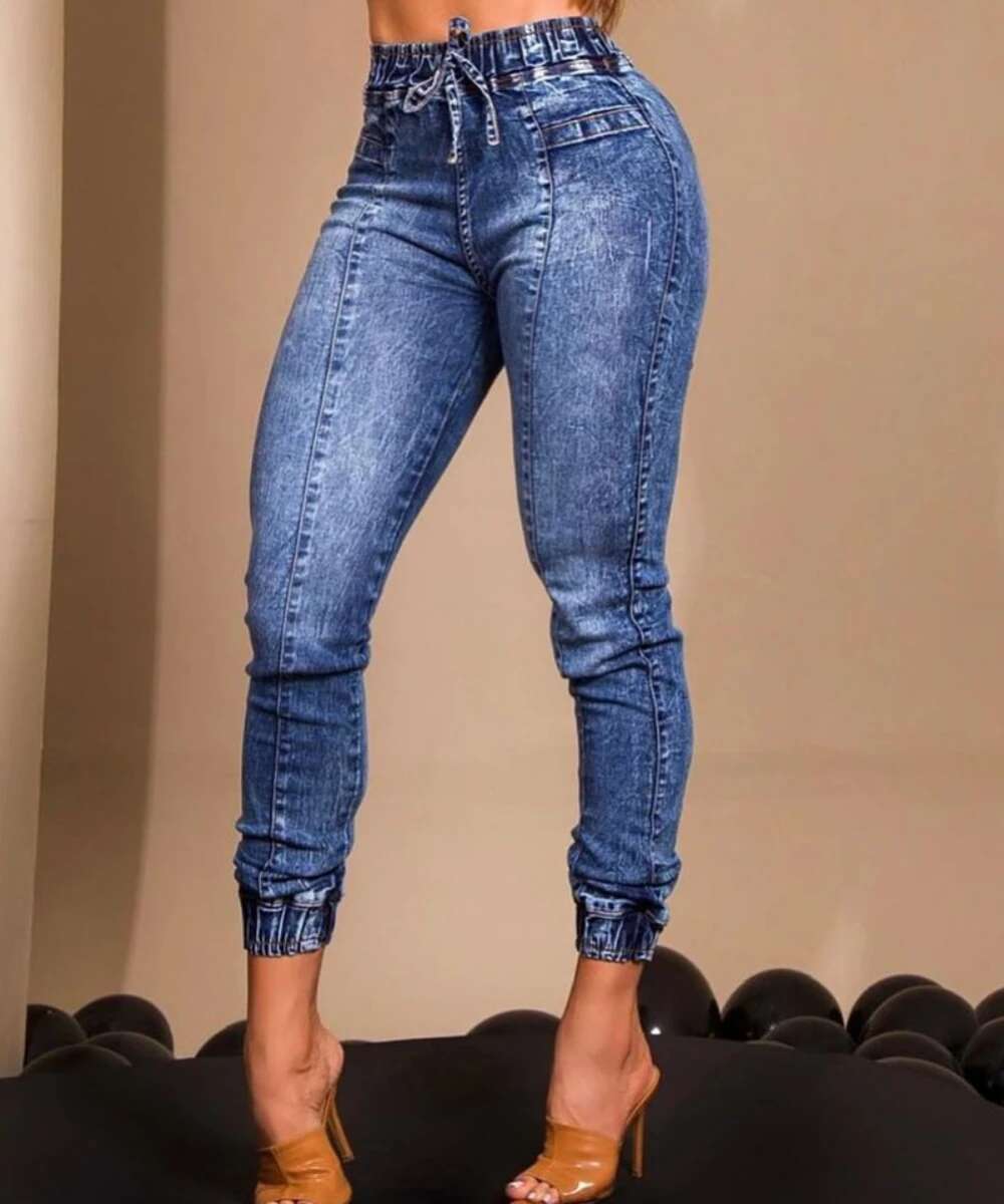 Women Jeans Elastic Waist Solid Color Pencil Pants Pockets Streetwear Casual Slim Fit High Street Flat Zipper summer Autumn