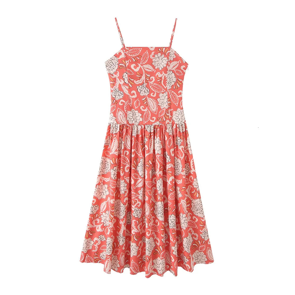 PB ZA 2025 Womens Spaghetti Strap A - Line Midi Dress with Coral and White Floral Print for a Charming Summer Look 250428