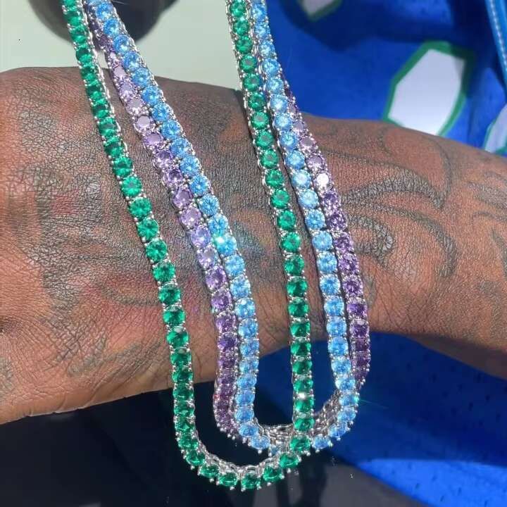 High Quality Pink Blue Green Yellow Diamond Fashion Jewelry Iced Out Chain Custom Idea Zircon Colorful Tennis Chain Necklace