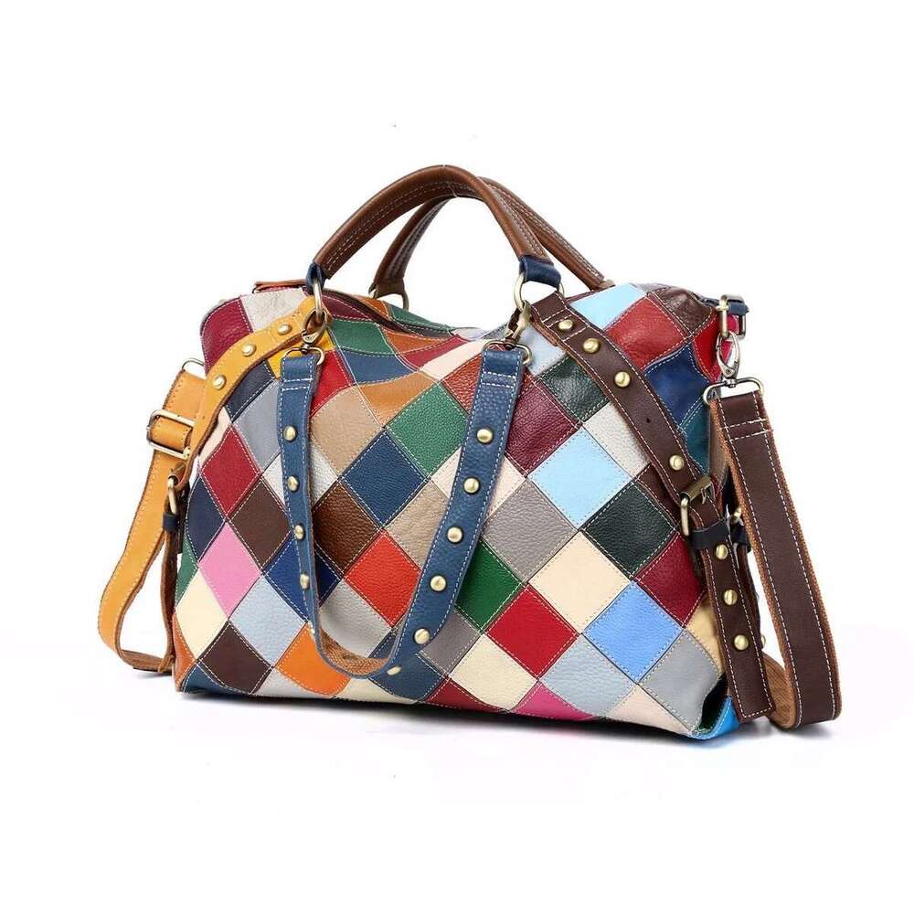 Leather Checkered Random Color Cowhide Rivets Women Multi-Purpose Hand Bill Shoulder Crossbody Bag