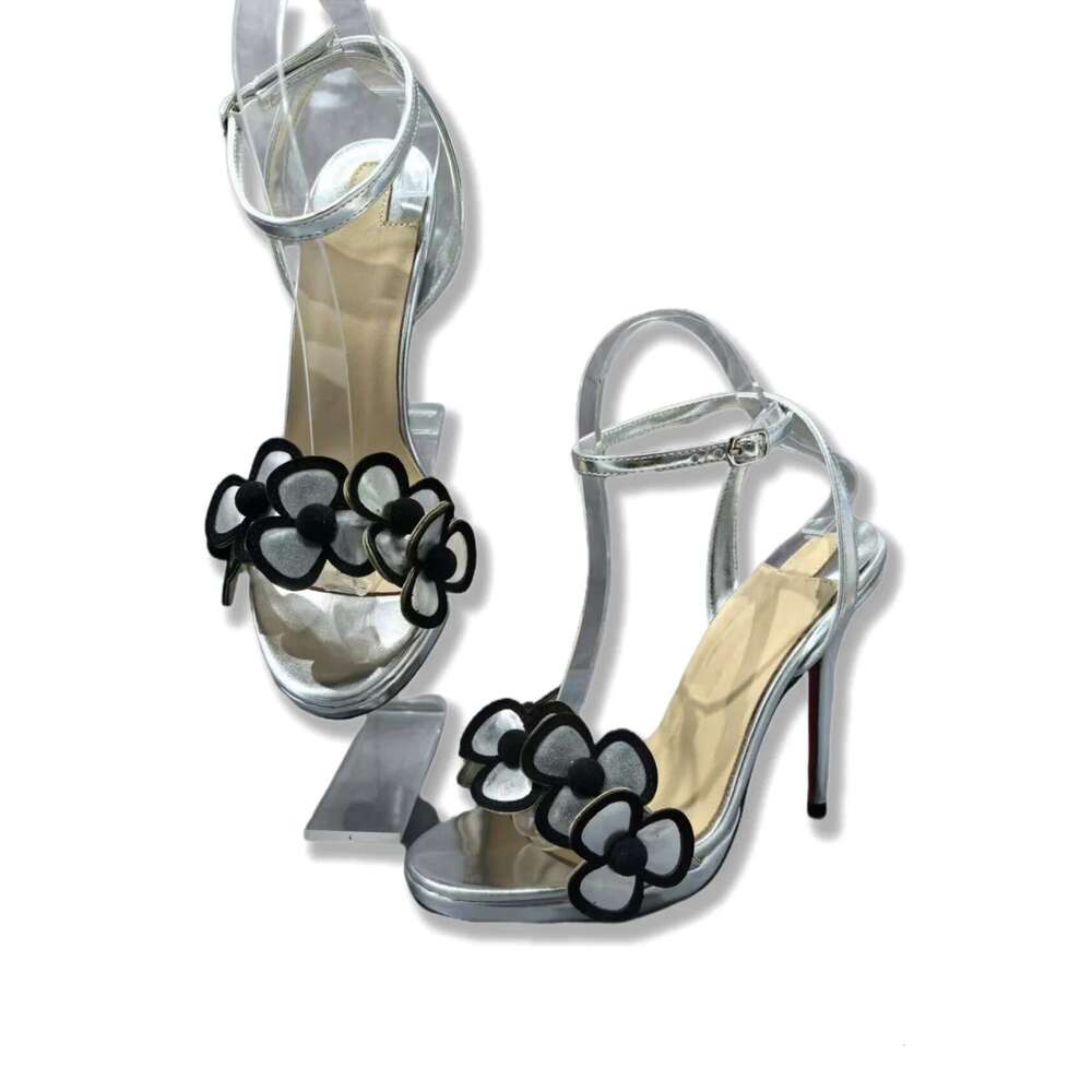 Fashionable Strap Sandals High Heel Round Toe Sier Flower Decorated Women Party Dance Shoes Woman