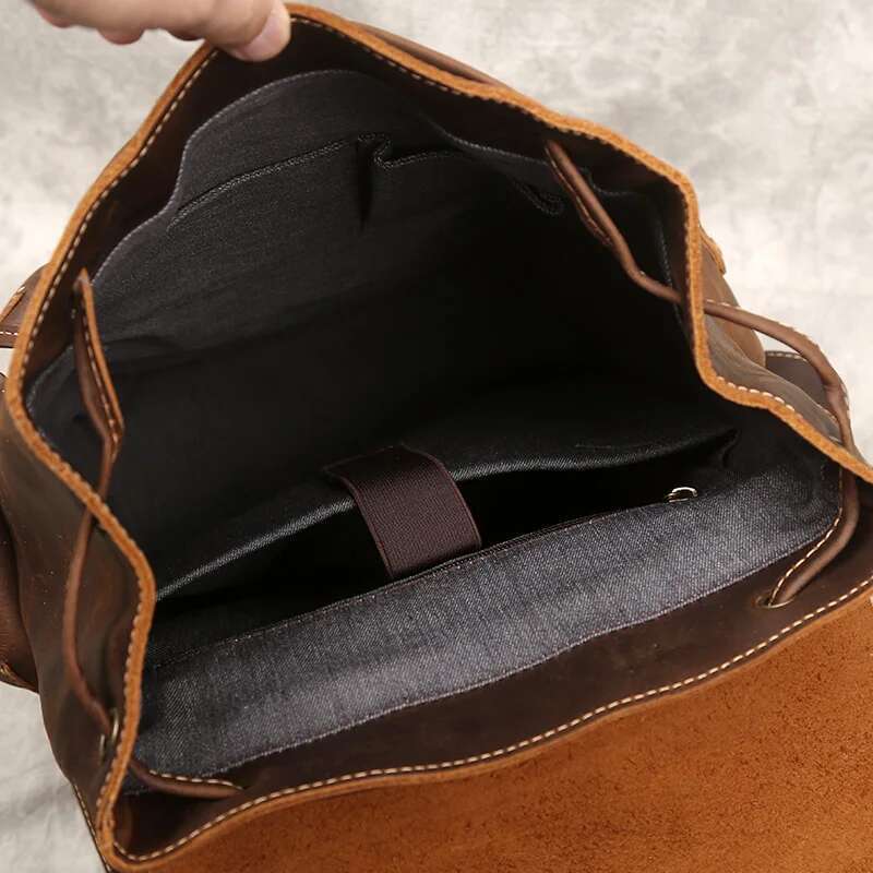 Retro Men's Top Layer Cowhide Travel Backpack Large Capacity School Crazy Horse Leather Laptop Bag NZPJ