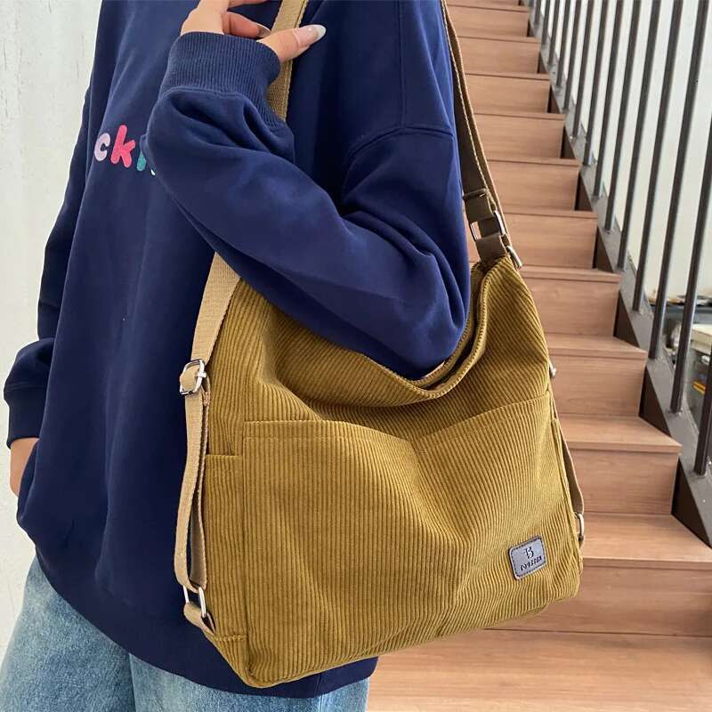 Women Corduroy Shoulder Bag Cute Handbag Big Tote Large Capacity Female Soft Thick Stripe Cloth Purse College Girl Backpacks Bag