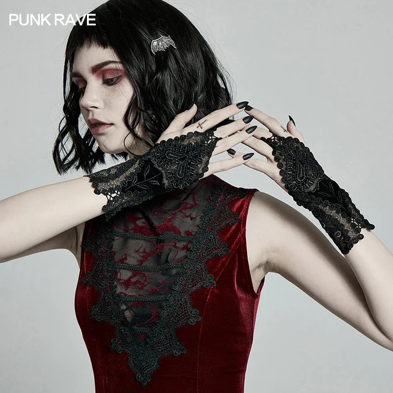 PUNK RAVE Womens Gothic Gorgeous Lace Flower Type Gloves Love Decal Party Club Elegant Women Black Accessories 250420