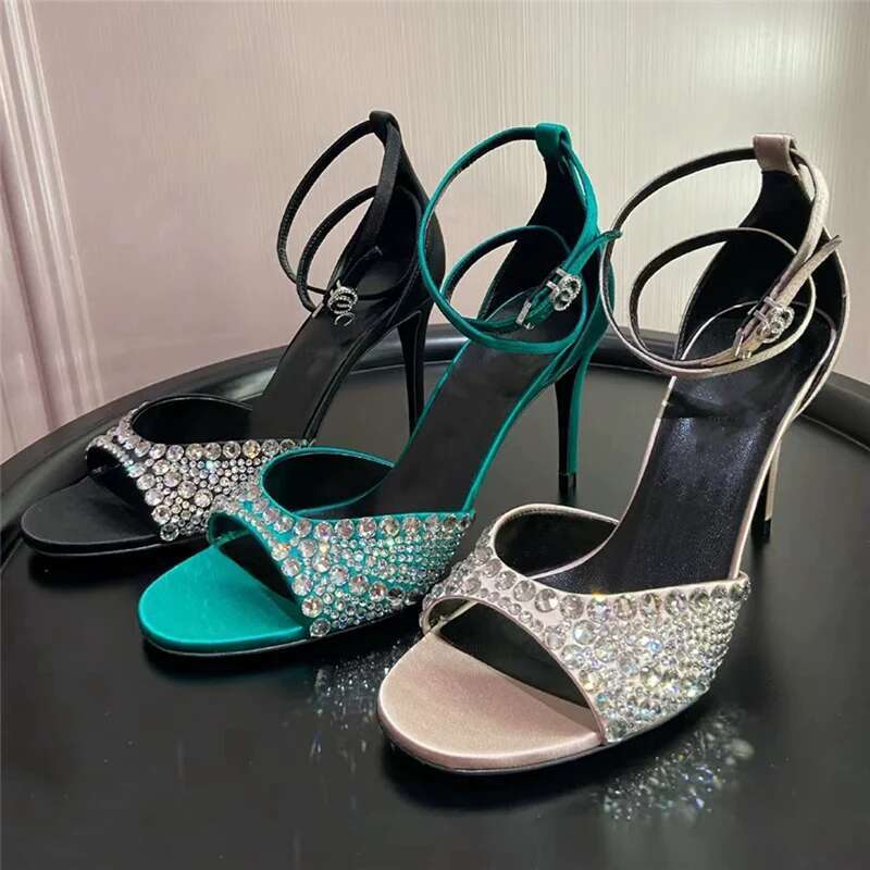Summer new rhinestone buckle with open-toe sexy sandals thin high-heeled banquet dress customized large-size women's shoes