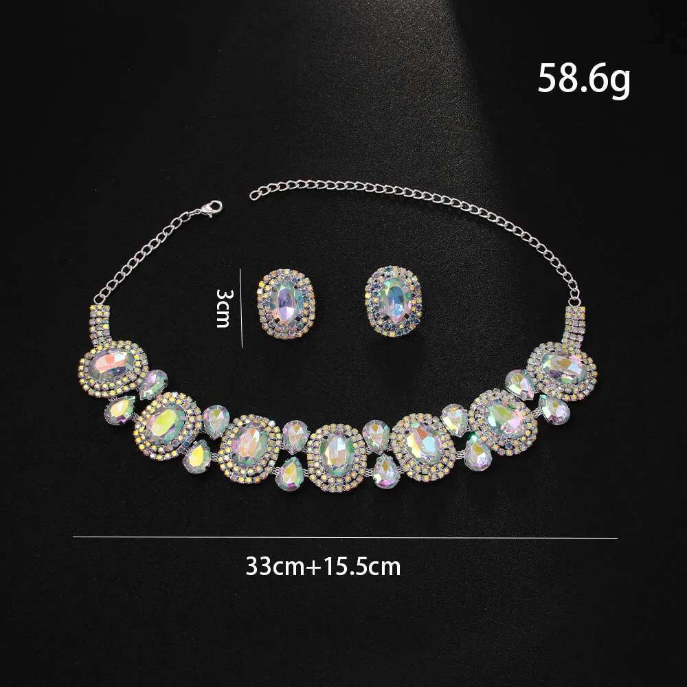Elegant Boho Round Crystal Jewelry Piercing Wedding Gift For Bridal Bling Geometric Rhinestone Necklace Earring Set Party