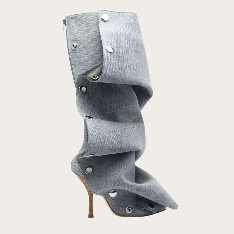 New Designer Knee Fashionable Pointed Toe Thin High Heels Wide leg Pleated Snap on Shoes Lazy Mid Calf Boots