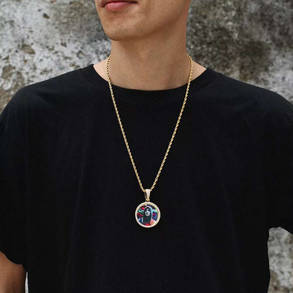 Engraved Custom Photo Pendant Necklace Frame Memory Medallions Pendant Necklace Mens Jewelry Silver Gold Necklaces Hiphop Zircon