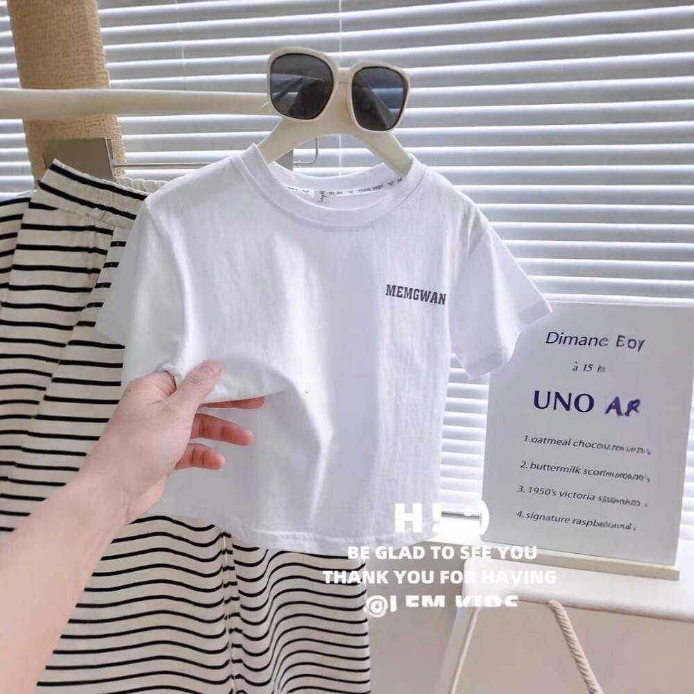 Baby Fashionable Two-Piece Summer New Item Girl Korean Version Letter Short Sleeved Striped Wide Leg Pants Casual Set