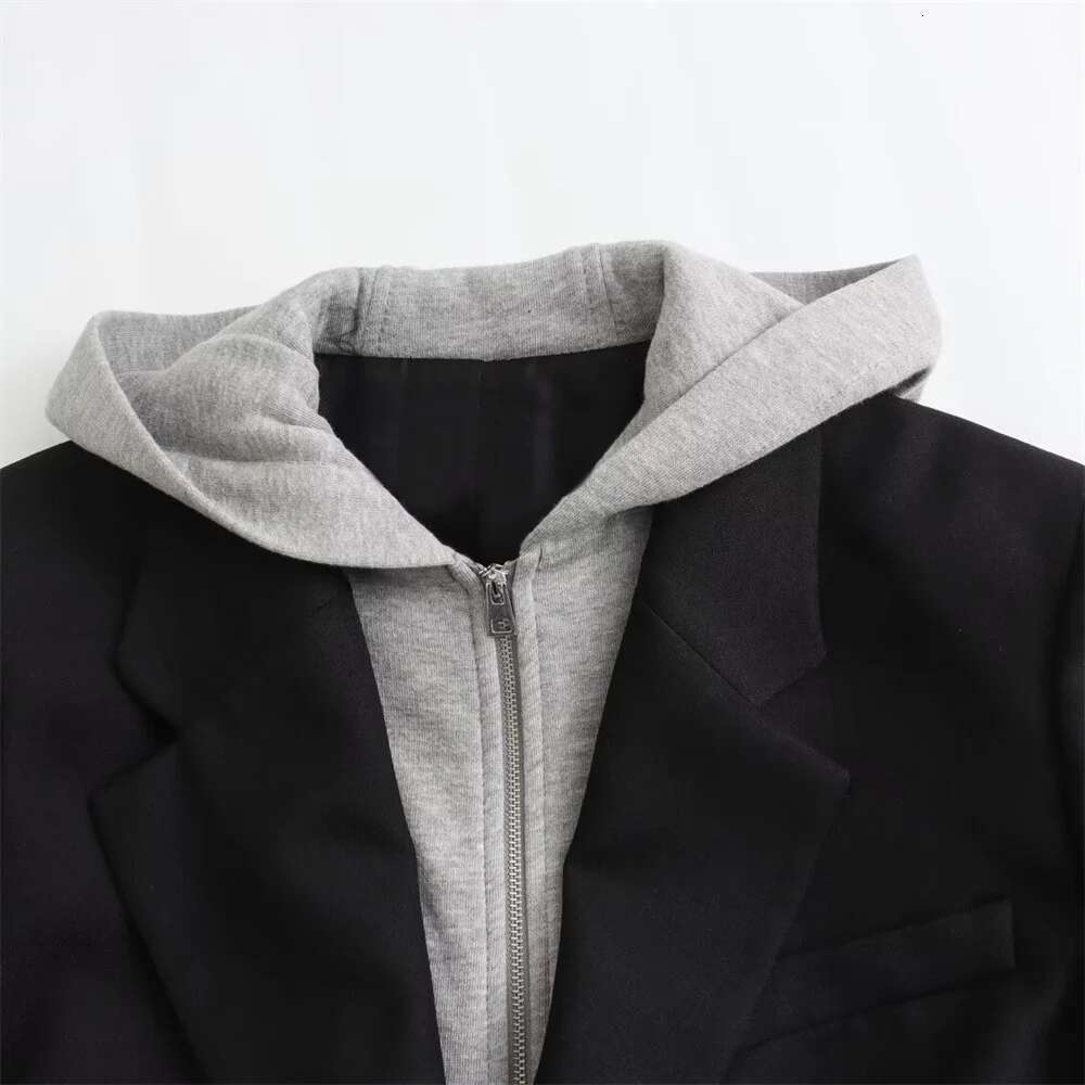UNIZERA women's fake two-piece hooded casual lapel, loose fit jacket, spliced suit, spring autumn winter, new style