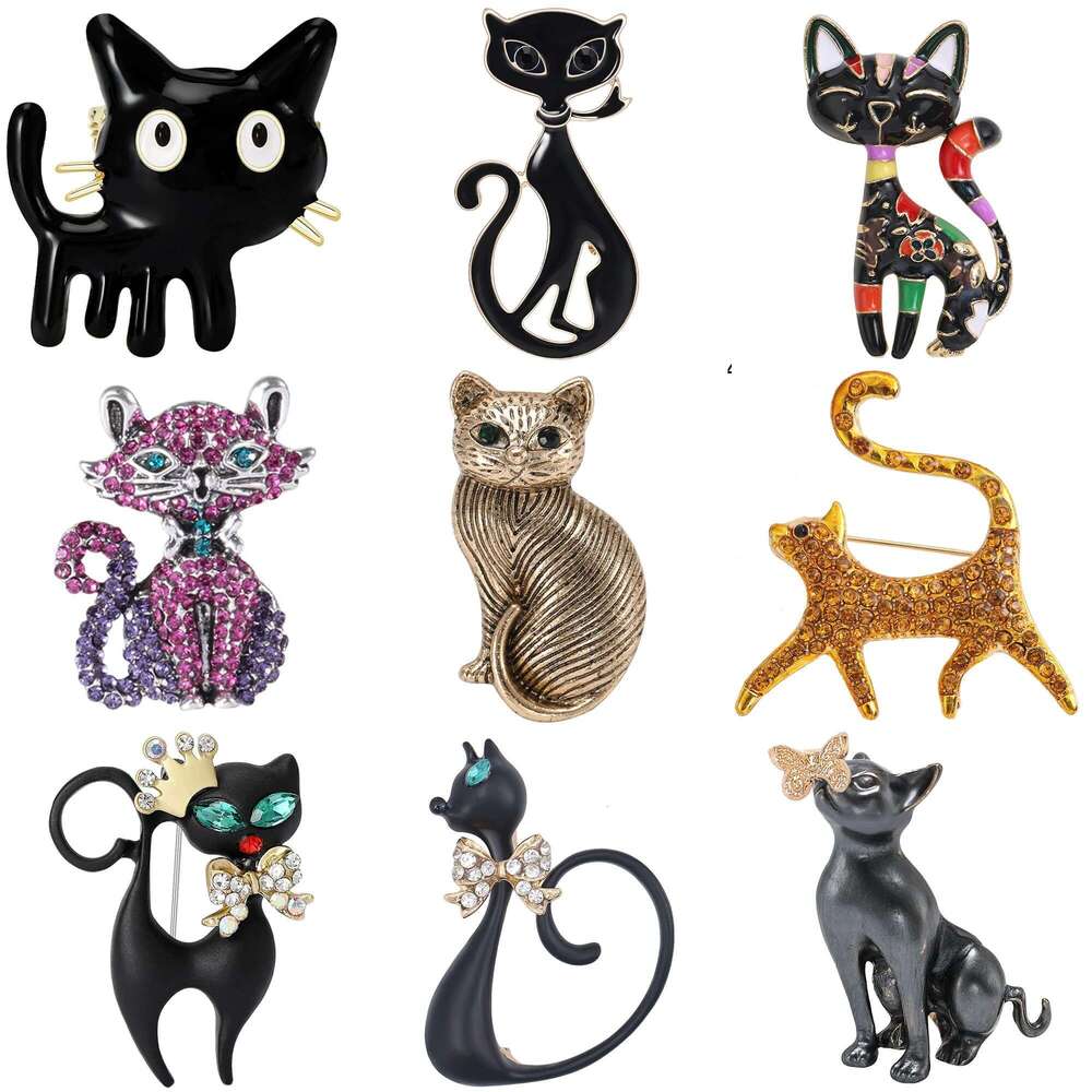 Enamel Cat Brooches For Women Unisex Rhinestone Animal Pins Banquet Party Backpack Gifts Jewelry Accessories