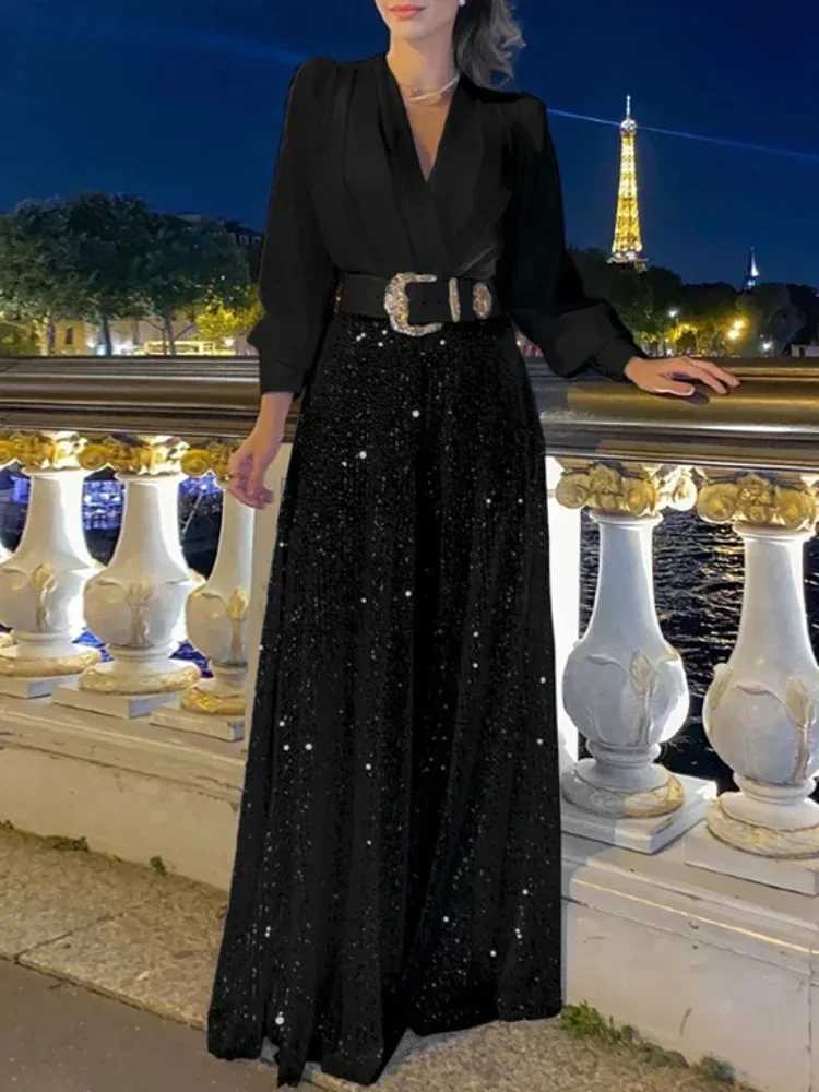 BWQ patchwork sequin long dress for women fashionable folding loose V-neck elegant dress for women party evening dress luxury 2024 W250430