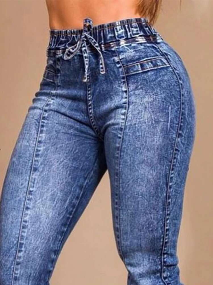 Women Jeans Elastic Waist Solid Color Pencil Pants Pockets Streetwear Casual Slim Fit High Street Flat Zipper summer Autumn