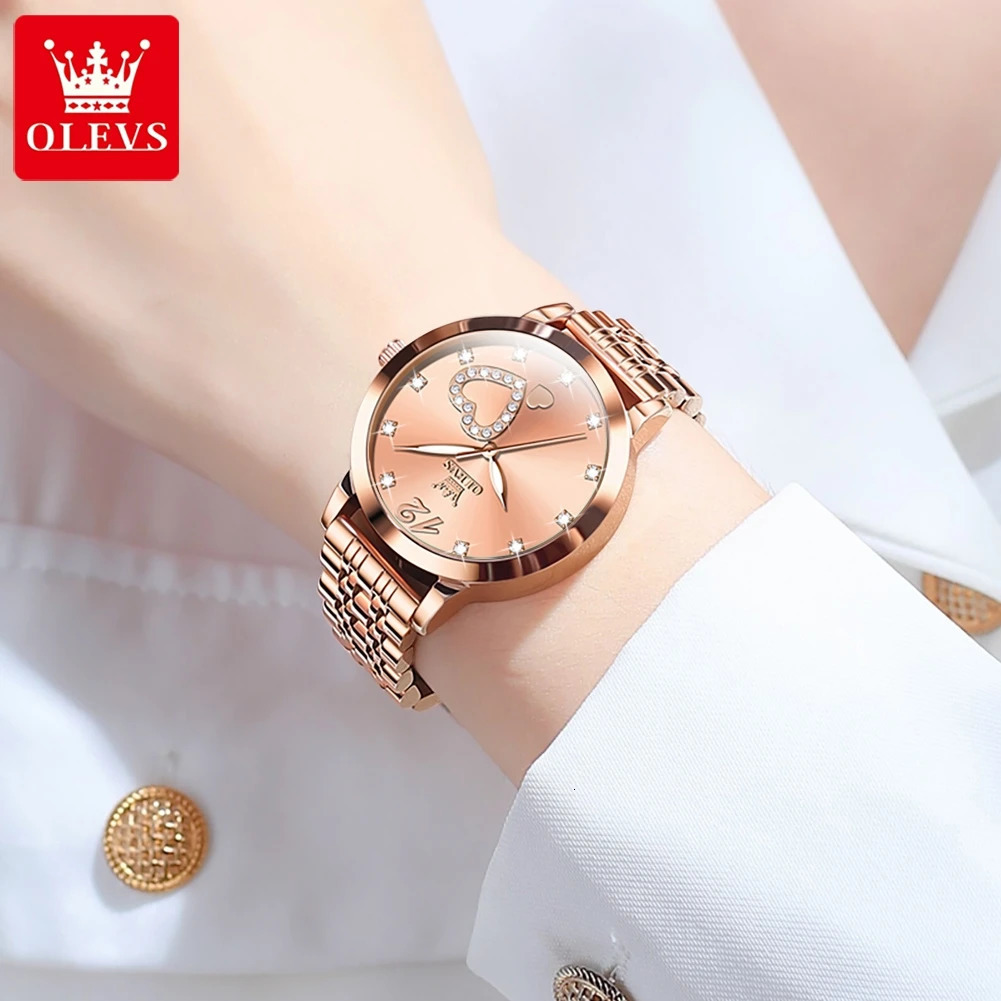 OLEVS Japanese Quartz Womens Watch Stainless Steel Bracelet Love Dial Fashionable and Elegant Waterproof Luminous Quartz Womens Watch 250425