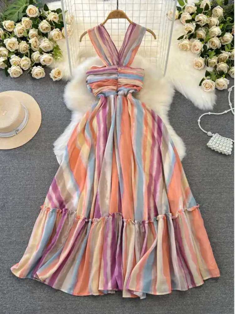 XPPV 2025 Summer New Fashion Strap Tie Dyeing Sleeveless High Waist A-line Swinging Loose Long Dress for Women SM1153 W250430