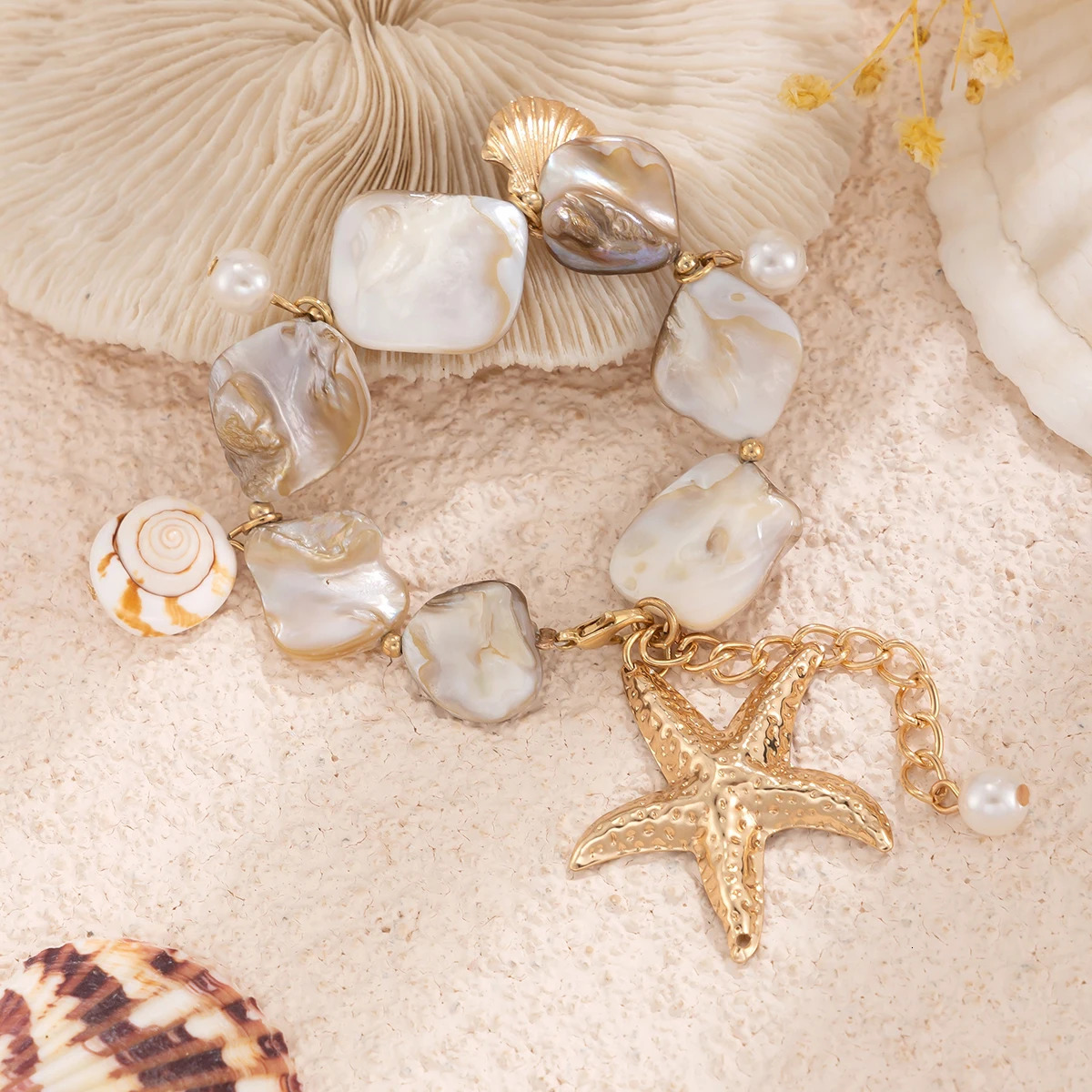 PuRui Bohemia Gold Oversized Star Pendant Bracelet Exaggerated White Stone Snail Womens Summer Beach Chain Bracelet 250428