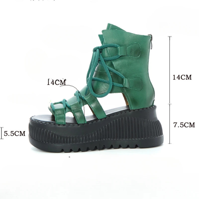 7.5cm Genuine Leather Women Sandals Loafer Shoes Platform Wedge Comfy Hollow ZIP Summer Rubber Peep Toe Retro Flats Ankle BootS 250428