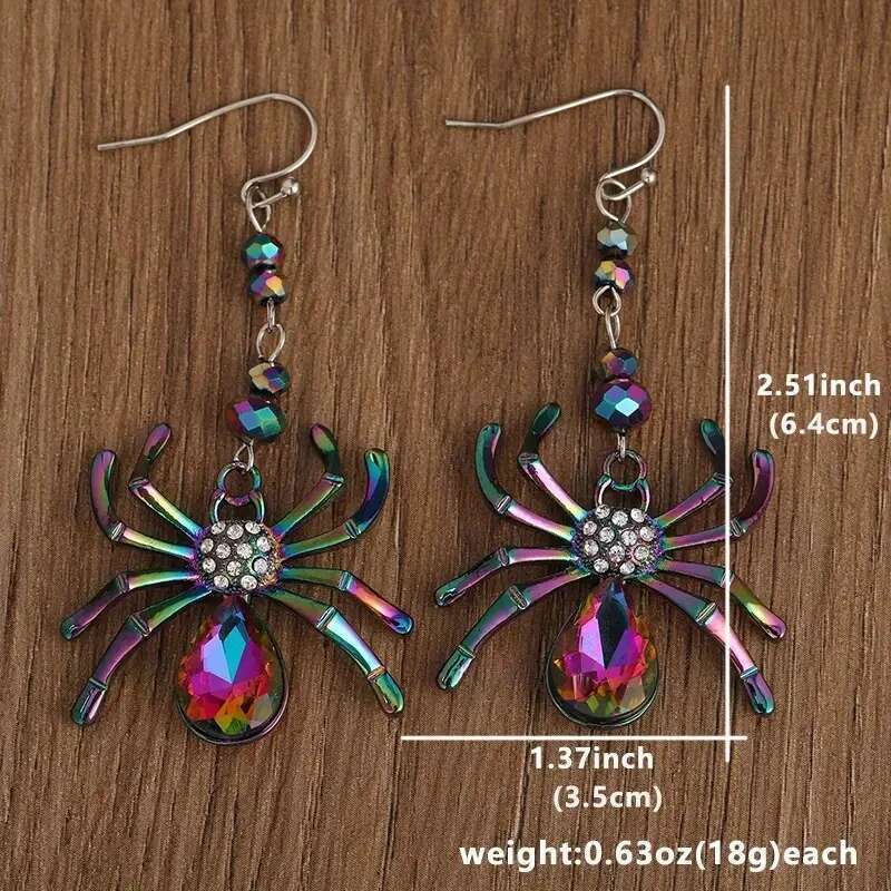 Colorful Spider Design Shiny Artificial Crystal Inlaid Dangle Party Punk Style Sier Color Jewelry Halloween Earrings
