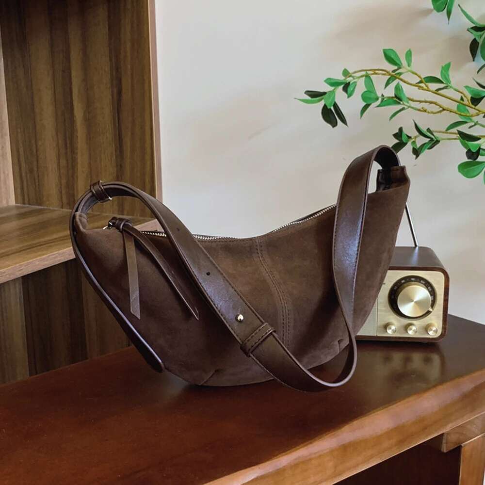 Crescent Women Men Adjustable Strap Shoulder Suede Multi-pocket Crossbody Dumpling Bag for Work Travel
