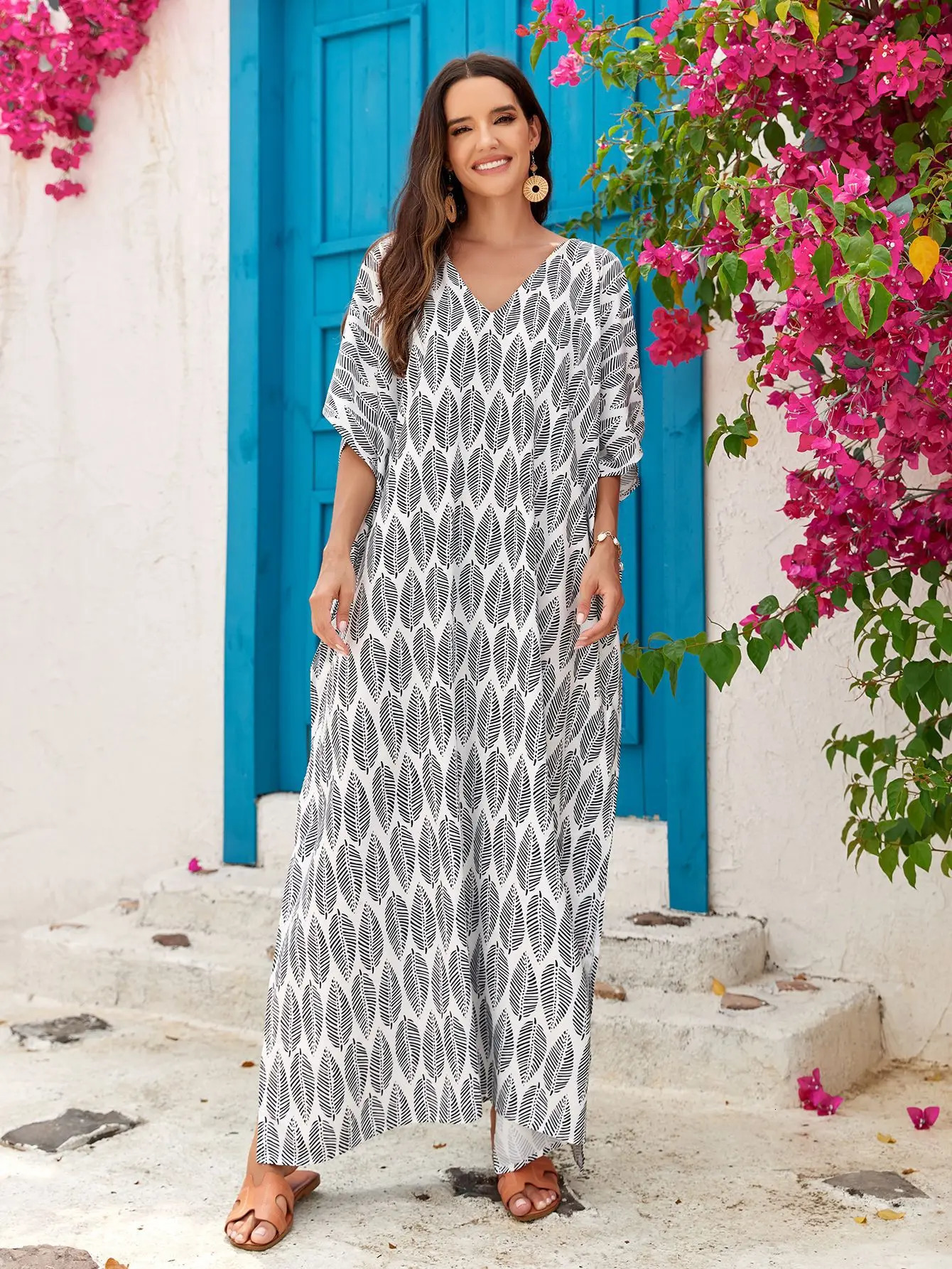 Plus Size Long Caftan for Women Beach Cover Up Casual Kaftan Maxi Gown Dress Loungewear House Dresses for Summer 250425