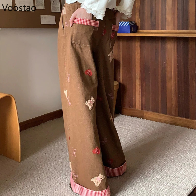 Harajuku Y2k lace high waisted jeans for women sweet cartoon bear embroidery plain weave wide leg denim pants 250423